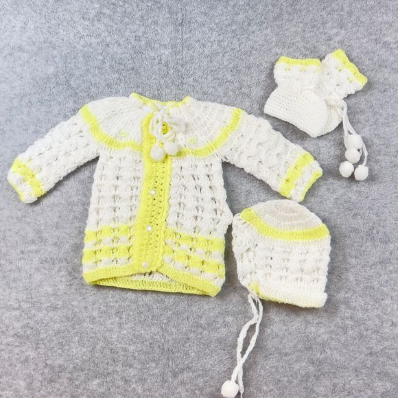 Handmade Matching Sets Vintage Handmade Yellow White Knit Baby Set